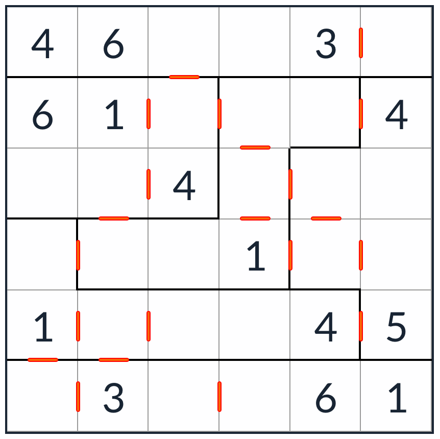 anti-knight onregelmatige opeenvolgende sudoku 6x6 puzzel