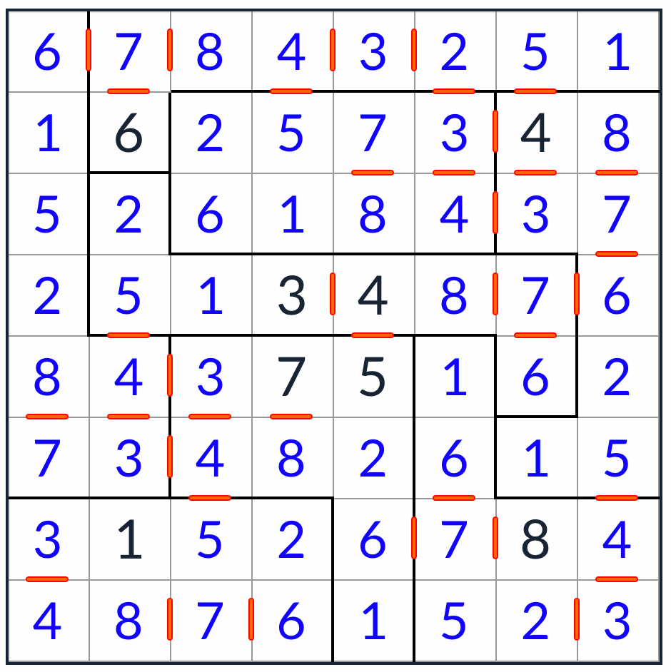 anti-knight onregelmatige opeenvolgende sudoku 8x8 oplossing