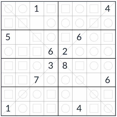 Diagonale even-oneven sudoku 8x8
