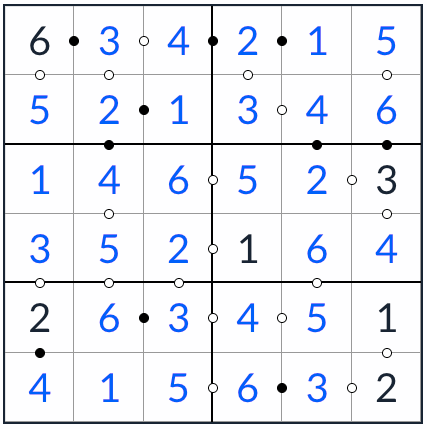 Anti-King Kropki sudoku 6x6 oplossing