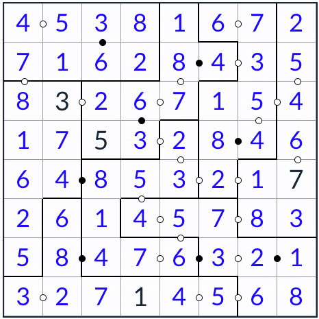 Irregular Kropki sudoku 8x8 oplossing