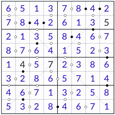 Anti-king diagonale kropki sudoku 8x8 oplossing