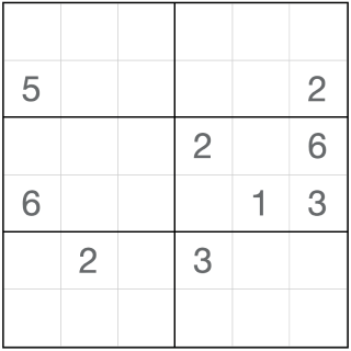 Niet-opeenvolgende Sudoku 6x6