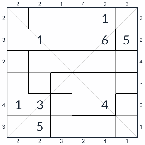 Onregelmatige diagonale wolkenkrabber Sudoku 6x6