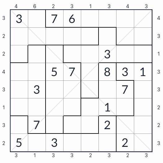 Onregelmatige diagonale wolkenkrabber Sudoku 8x8